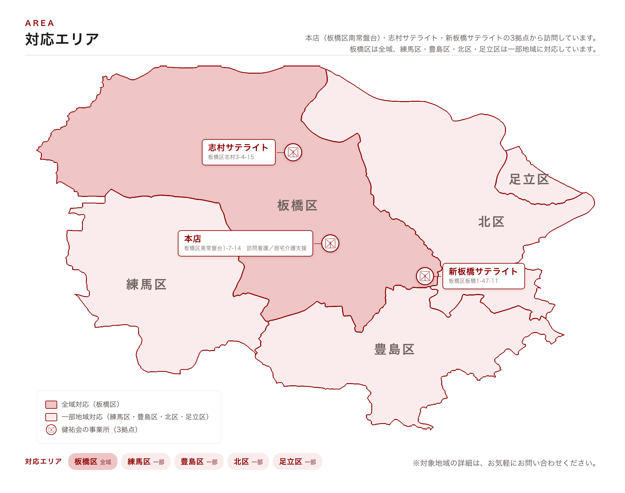 対応エリア地図:本店(板橋区南常盤台)・志村サテライト・新板橋サテライトの3拠点。板橋区は全域、練馬区・豊島区・北区・足立区は一部地域に対応